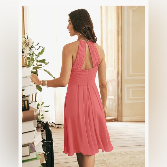 Coral pink, halter top, chiffon, tea length dress from Aw.Bridal. - Picture 4 of 4